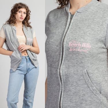 80s The Beverly Hills Workout Vest Large | Vintage Plain Grey Zip Up Aerobics Graphic Sweatshirt 