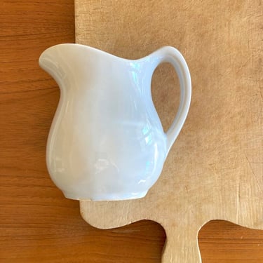 chunky ironstone cream pitcher USA vintage white creamer pale blue glaze 