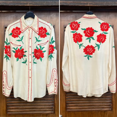 Vintage 1950’s N. Turk Floral Embroidery Western Cowboy Rayon Rockabilly Shirt, 50’s Rodeo Shirt, Vintage Clothing 