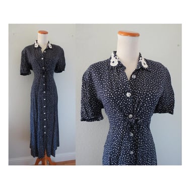 Vintage 90s Midi Dress - Blue Polka Dot Print - Button and Tie Front -  Romantic Cottagecore Bohemian 90s does 40s Style - Size Large 