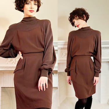 80s Valentino Boutique Day Dress in Two-Toned Brown, Long Sleeves 