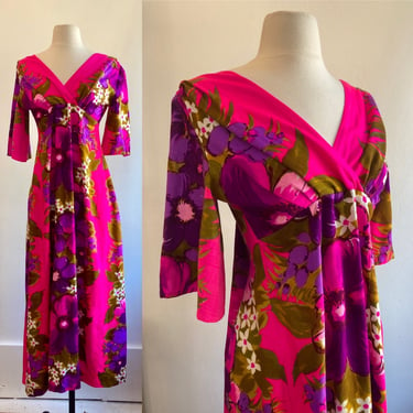 Chic 60s HOT PINK Hawaiian Floral Barkcloth Maxi Dress / Wide Deep V-Neck + Watteau Back + Bell Sleeves 