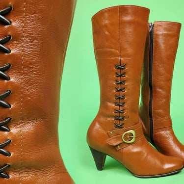Tall cognac heeled boots from the 70s. Vintage, zip-up, buckles, decorative lacing, padded. UNIQUE feminine boho 1970s. (7.5) 
