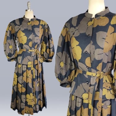 1970's Floral Dress / 1970s Day Dress / Dark Floral Skirt Set by Nipon Boutique / Size Medium 