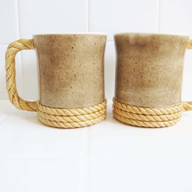 Vintage Western Lasso Rope Coffee Mugs Set of 2 - 1980 Handmade Ceramic Brown Speckled Cowboy Cowgirl Mugs 