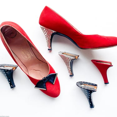 1950s Red Suede Pumps | 50s Red Convertible Heels | 50s Interchangeable Heels | I.Miller | 8 AAA 