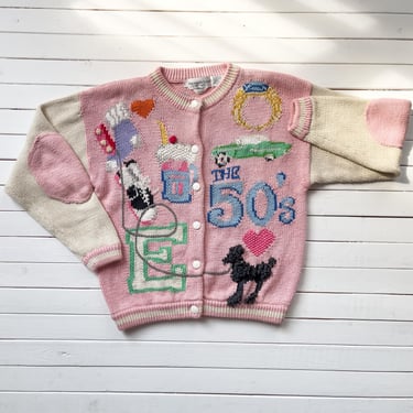 Eagle's Eye sweater 90s vintage 50s novelty print pink jukebox poodle hand knit cardigan 