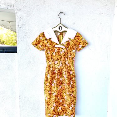 Vintage 40s 50s Hawaiian Floral Collared Bow Hawaii Wiggle Dress 