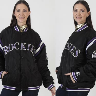 Colorado Rockies Starter Jacket, Vintage 90s Satin Bomber Coat, MLB Diamond Collection Mens, Size L 