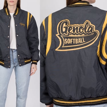 80s Genola Softball Varsity Bomber Jacket - Men's Medium, Women's Large | Vintage Snap Button Windbreaker Puffer Coat 