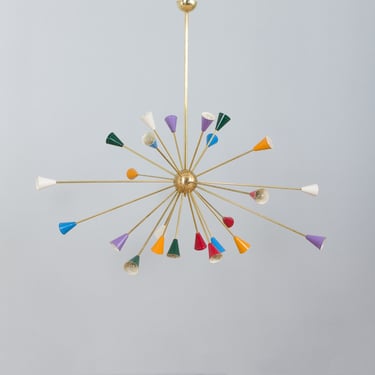 Extra Large Italian polished brass sputnik chandelier in the style of Arteluce. 