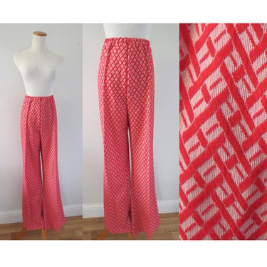 Vintage 60s Mod Flared Pants - Flare Leg Trousers - Red & White Geometric Groovy Print - High Waisted Bellbottom Pant - Size Large 