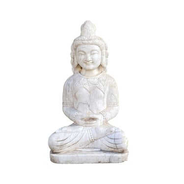 Vintage Distressed White Marble Stone Sitting Tara Bodhisattva Statue cs7378E 