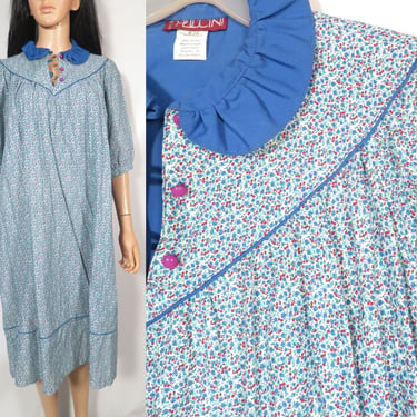 Vintage 80s Cottagecore Prairie Ditsy Floral Calico Ruffle Collar All Cotton Tent Dress Size S/M/L 
