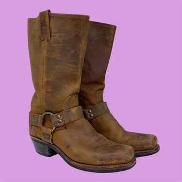 Vintage Frye Boots 2000s Retro Womens Size 8.5M + Biker + Harness + 7730 + Brown + Gold Metal + Pull On + Heeled + Square Toe 