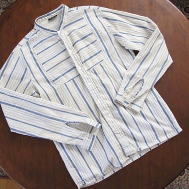 Vintage 1970s GAP Blue White Striped Tunic Blouse M - Cottagecore - Long Sleeve Button Up - Cotton - Railroad Engineer Stripe 