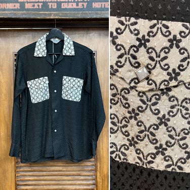Vintage 1950’s Black x White Western Acetate Rockabilly Shirt, 50’s Button Down, Vintage Clothing 