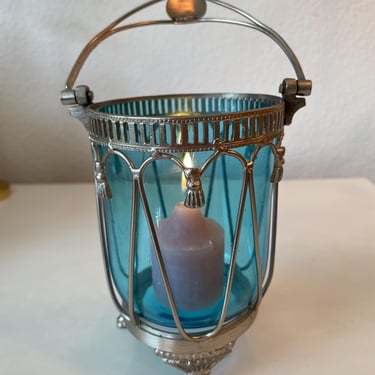 Blue Boho Glass Votive Candleholder | Vintage   Glass Container with handle 