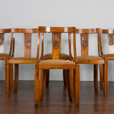 1930s French Art Deco Gondola Style Walnut Dining Chairs - Set of 6 