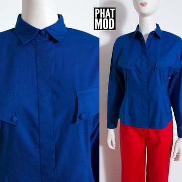 DEADSTOCK Cool Vintage 80s Blue Cotton Button Down Blouse with Geometric Pockets 