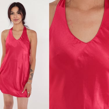 Dark Pink Slip Dress 90s Lingerie Mini Dress Satin Nightgown Halter Neck Low Open Back Nightie Sexy Going Out V Neck Vintage 1990s Large L 