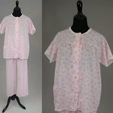 70s Katz Pajamas Set - Strawberries Flowers Dots - Pink White Green - Pajama Bottoms Button Front Top - Thin Light - Vintage 1970s - S 