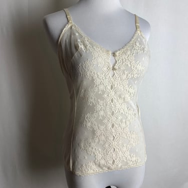 70’s lace ivory white camisole /negligee top retro fitted nylon nude tone sweet feminine slip lacy tank size 38 Large 