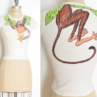 vintage 70s top baby tee MONKEY PRINT double side t shirt novelty XS clothing 