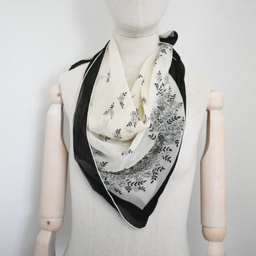 1950s Black and Cream Floral Chiffon Scarf 