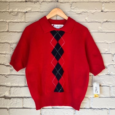 Small, Vintage Deadstock 1980s 1990s Red Short Sleeve Polo Sweater, Argyle 