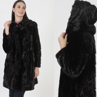 Black Hooded Mink Coat, Dark Mid Length Real Fur, Vintage Womens 60s Princess Jacket 