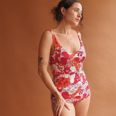 Vintage 60s Floral Backless Bathing Suit/ 1960s One Piece Swimsuit/ Size Medium 