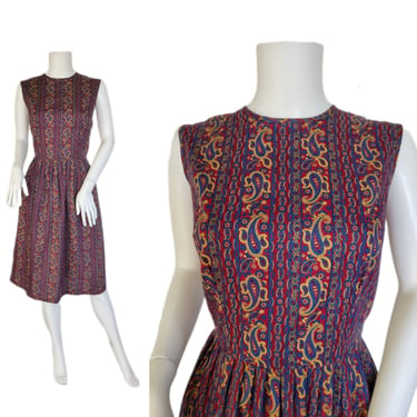 1960's Burgundy Blue Paisley Print Sun Dress I Sz Med I Kenrose 