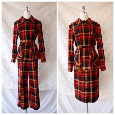 70s Pendleton Wool Plaid Western Style Three Piece Suit Set with Jacket, Bell Bottom Pants and Skirt / Size S 