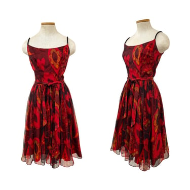 Vtg 60s 1960s Classic Mr. Mort Red Chiffon Paisley Print Fit Flare Party Dress 