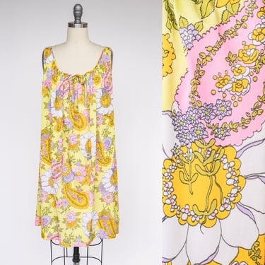 1970s Nightgown Slip Dress Floral Knit L 