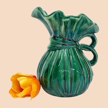 Vintage McCoy Pitcher Vase Retro 1940s Farmhouse + Green Ceramic + Ribbon Tied Sack + Handle + Pour Spout #2148 + Home Decor + Decoration 