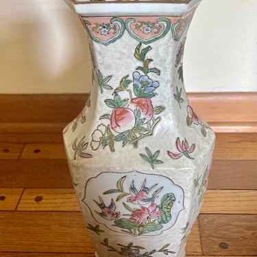 Chinese floral vase~ Vintage made in Macau ~ Tall Asian Vase - Signed Marked ~ Mantel Decor- Chinese Decor 