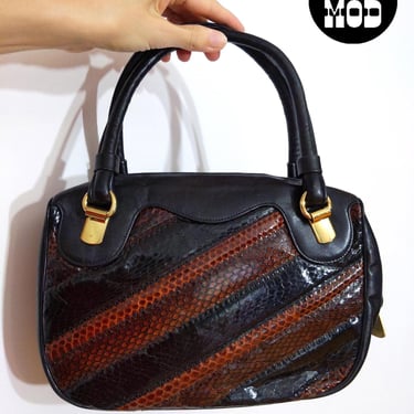 NWOT Chic Vintage 70s/80s Black Snakeskin Stripe Leather Top Handle Handbag Purse 