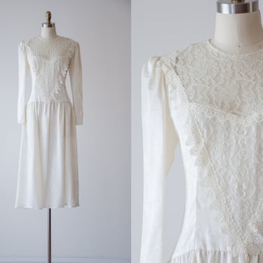 vintage wedding dress | 80s vintage Scott McClintock white ivory jacquard antique style drop waist lace dress 