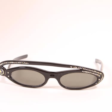 1950s Black and Silver Rhinestone Novelty Swirl Star France Cat Eye Sunglasses 