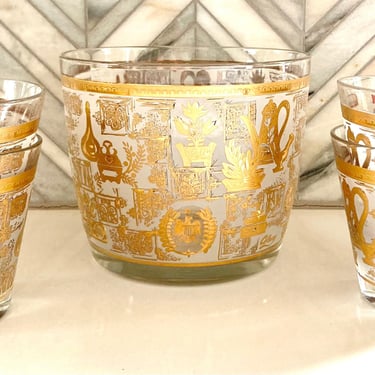 Mid Century Colony Gold and White Americana Ice Bucket and Lowball Glasses (4), Vintage Barware, Hazel Atlas, Retro Bar Drinkware, Glassware 