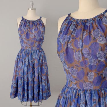 Blue Chiffon Dress / Mr. Mort 1960s Floral Chiffon Dress / 1960s Party Dress / Garden Wedding / 1960s Cocktail Dress/ Size Small Extra Small 