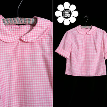 Adorable Vintage 60s Pink Gingham Plaid Cropped Lightweight Cotton Blouse with Peter Pan Collar 