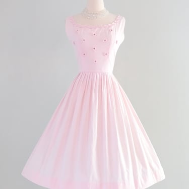 Glorious 1950's Pale Pink Cotton Day Dress With Daisies / Sz S