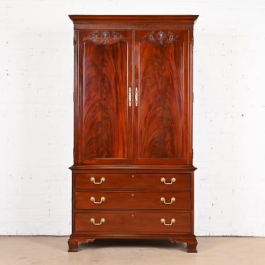 Baker Furniture Style Georgian Carved Flame Mahogany Armoire Dresser