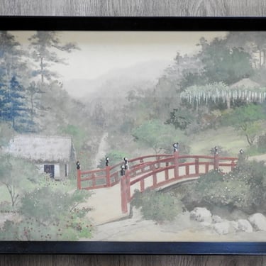 Vintage Early 20th Century Japanese Watercolor Landscape and Bridge Painting