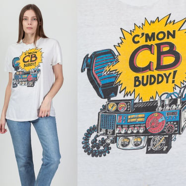 80s CB Radio "C'mon CB Buddy!" Graphic Tee - Men's Large, Women's XL | Vintage White Cotton Distressed Trucker T Shirt 