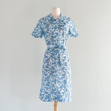 Sweet 1960's Blue & White Etoile Print Day Dress by Harrods / Sz M