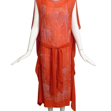 ADAIR- 1920s Orange Beaded Chiffon Gown, Size